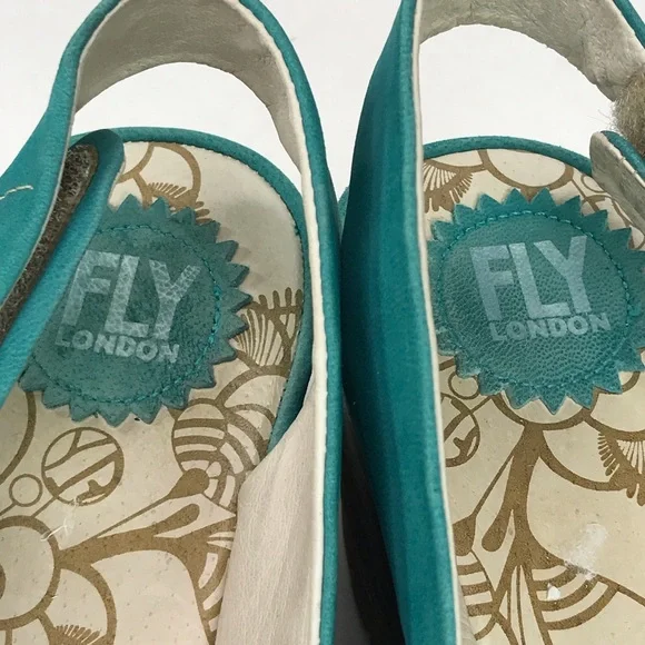 FLY LONDON Women's 39 8-8.5 Yakin Yata Knot Teal Suede Peep Toe Sling Back Wedge - Picture 9 of 10